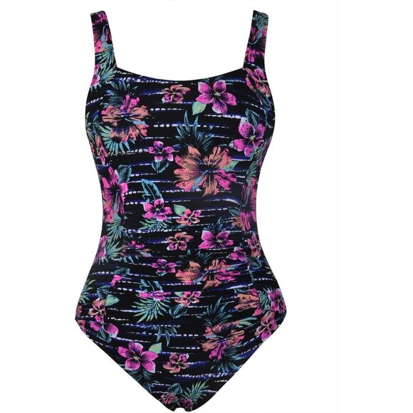 Women's Black Red Floral One Piece Bathing Suit Ruched Tummy Control Swimsuit - Picture 2 of 4